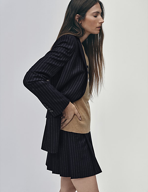 Marks Spencer Wool Blend Pinstriped Pleated Mini Skirt Navy US 18