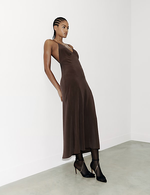 Seam Detail Strappy Pure Silk Maxi Dress BROWN Dresses M S PT