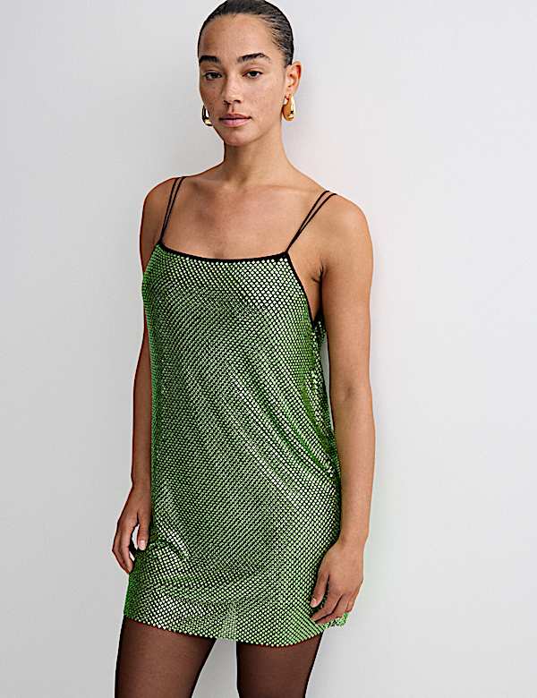 Metallic Embellished Mini Shift Dress - KR