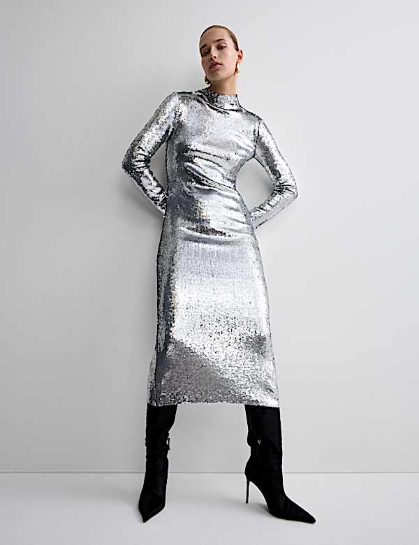 Sequin Embellished High Neck Midaxi Dress - AL