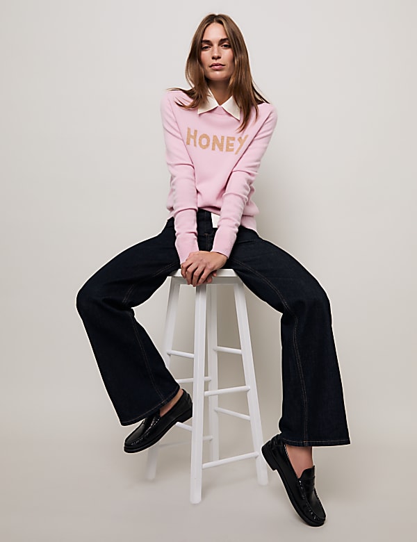 ג'ינס מבד עשיר בכותנה בגזרה גבוהה עם רגל רחבה - IL