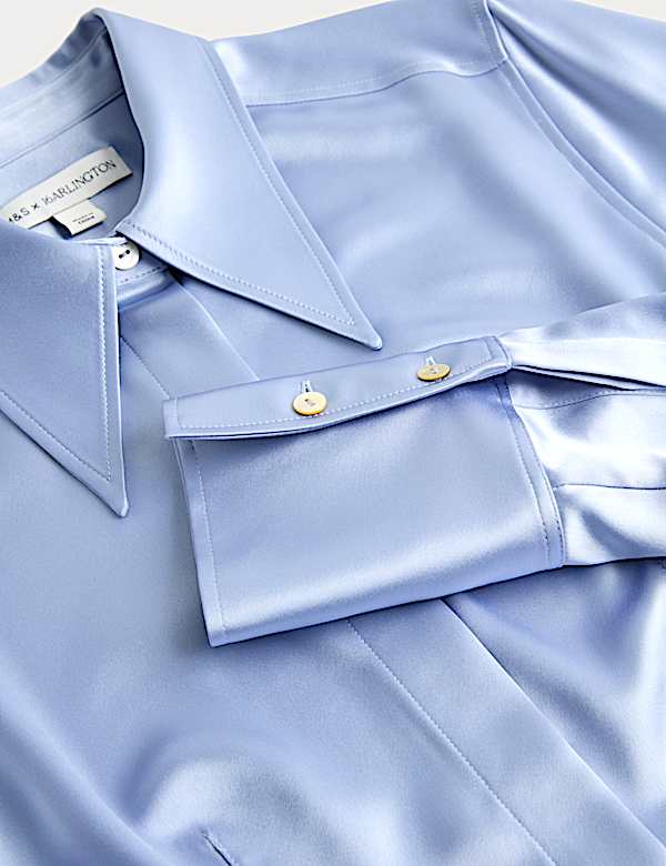 Dopasowana satynowa koszula z długim rękawem i kołnierzem - PL