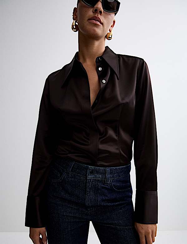 Satin Collared Fitted Long Sleeve Shirt - BE