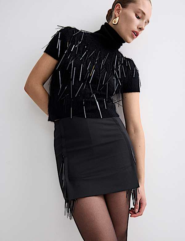 Wool Blend Embellished Tassel Mini Skirt - NO