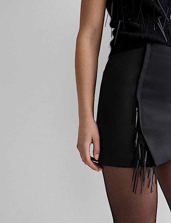 Wool Blend Embellished Tassel Mini Skirt - NO