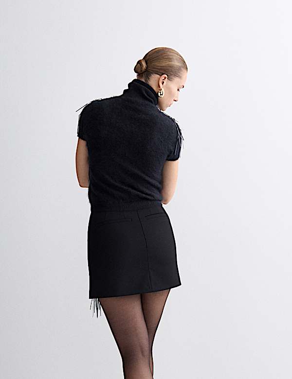 Wool Blend Embellished Tassel Mini Skirt - NO