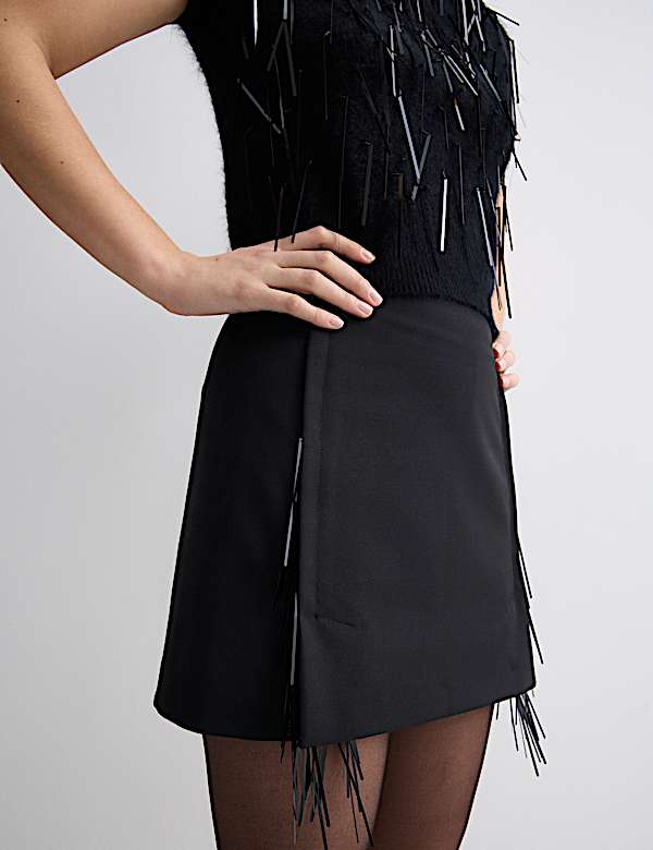 Wool Blend Embellished Tassel Mini Skirt - NO