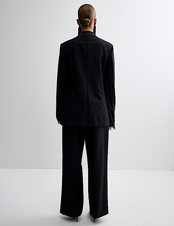 Wool Blend Satin Trim Wide Leg Trousers - BN