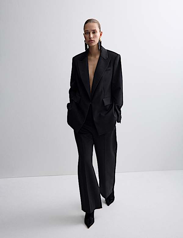 Wool Blend Satin Trim Wide Leg Trousers - BN