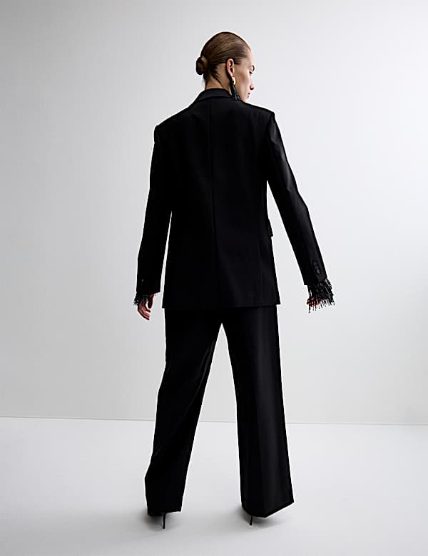 Wool Blend Satin Trim Wide Leg Trousers - BN