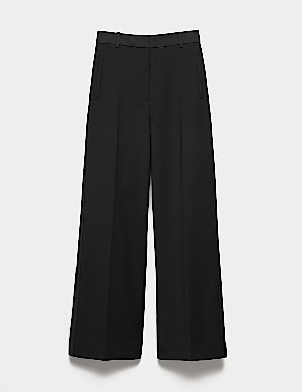 Wool Blend Satin Trim Wide Leg Trousers - BN