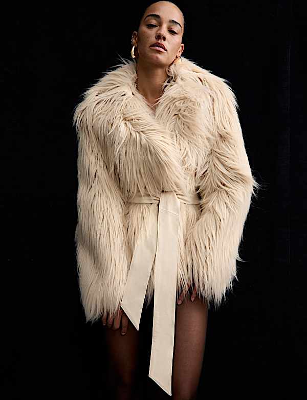 Faux Fur Belted Collared Relaxed Jacket - PT