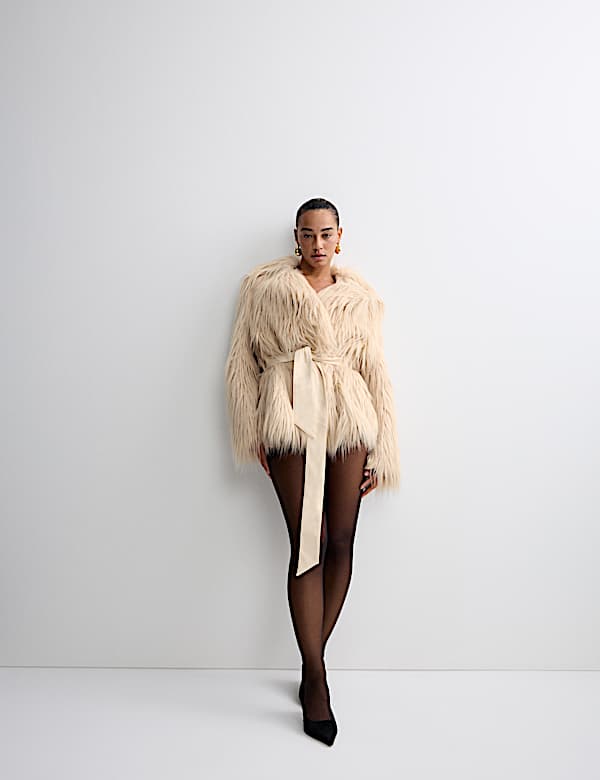 Faux Fur Belted Collared Relaxed Jacket - PT