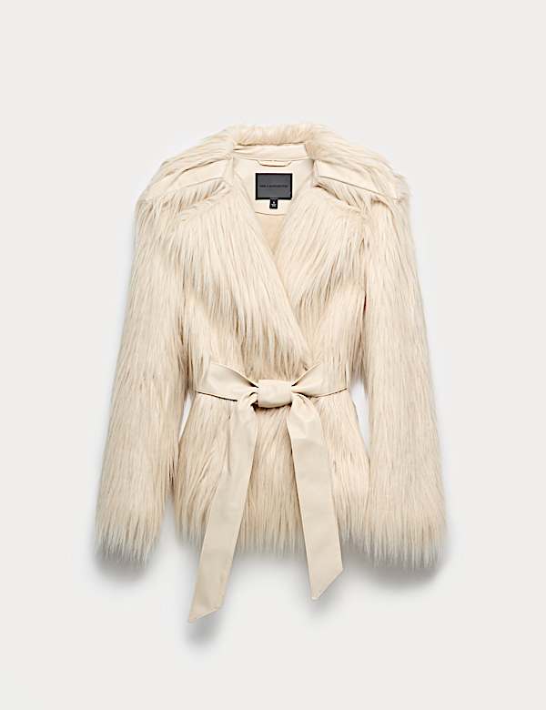 Faux Fur Belted Collared Relaxed Jacket - PT