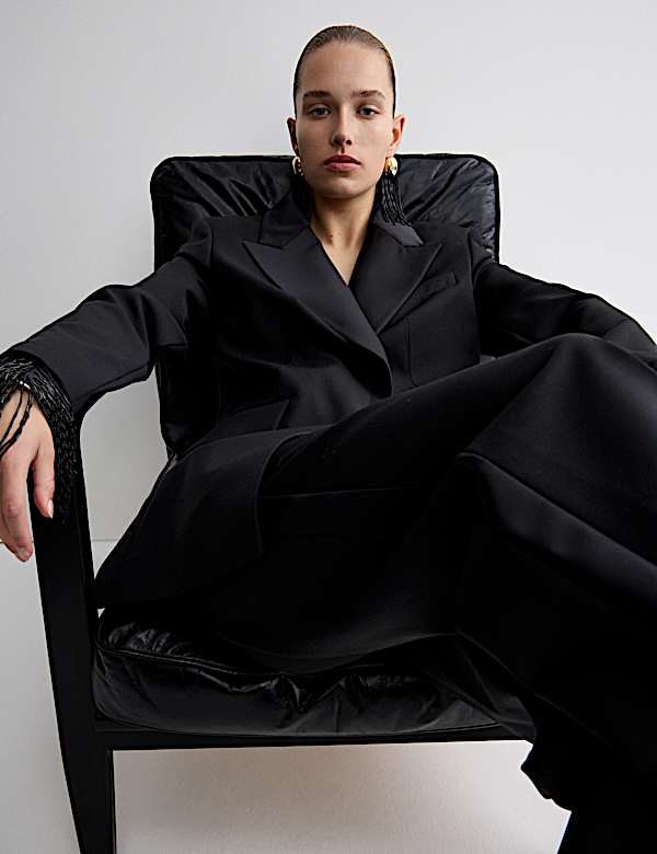 Wool Blend Satin Trim Tailored Blazer - NO