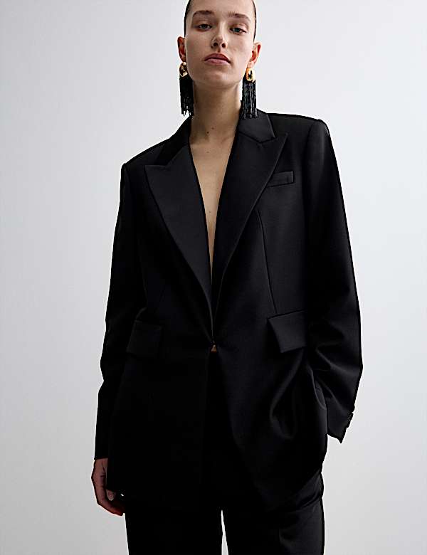 Wool Blend Satin Trim Tailored Blazer - NO