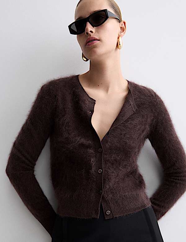 Brushed Pure Cashmere Button Front Cardigan - KR