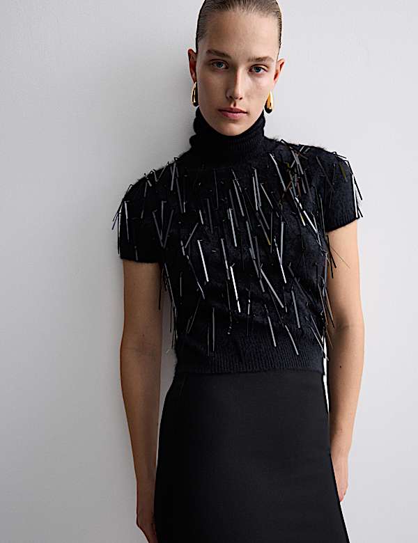 Pure Cashmere Embellished Roll Neck Top - VN