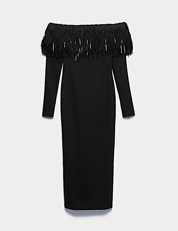 Bardot Feather Fringed Midi Bodycon Dress - NO