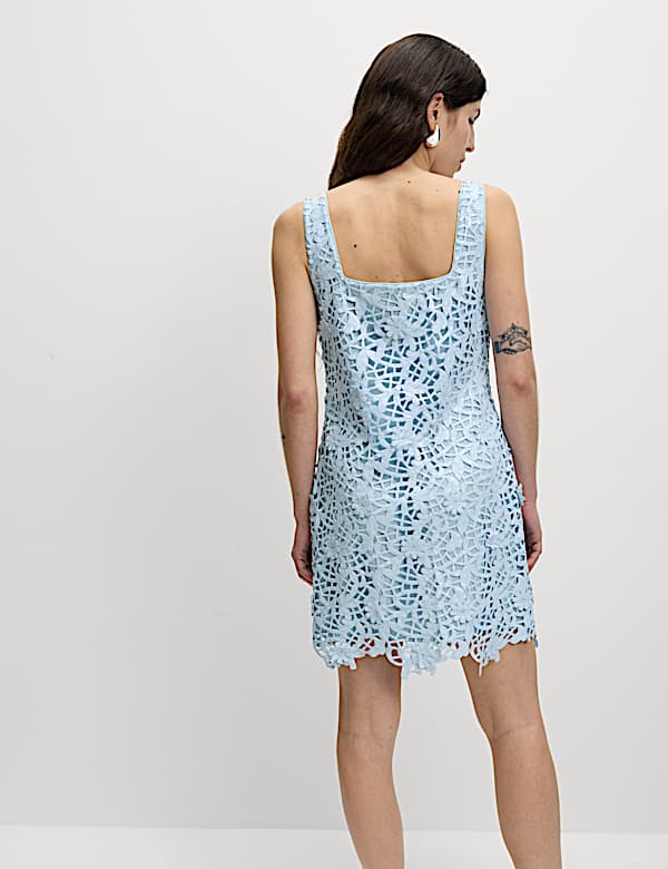 Floral Sequin Square Neck Cutwork Detail Mini Column Dress - KG