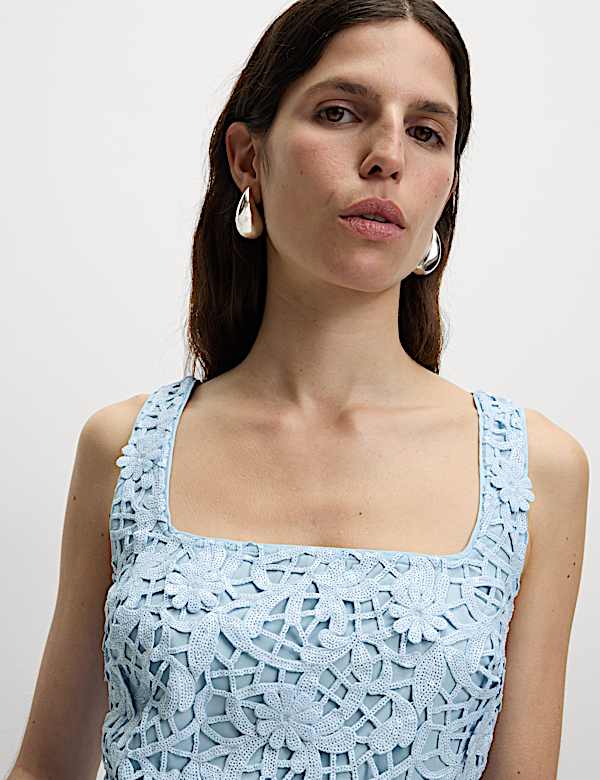 Floral Sequin Square Neck Cutwork Detail Mini Column Dress - KG