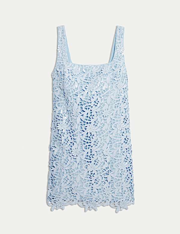 Floral Sequin Square Neck Cutwork Detail Mini Column Dress - KG