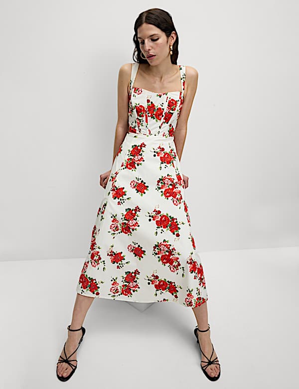 שמלת סקייטר מידי פרחונית בסגנון מחוך מכותנה טהורה - IL