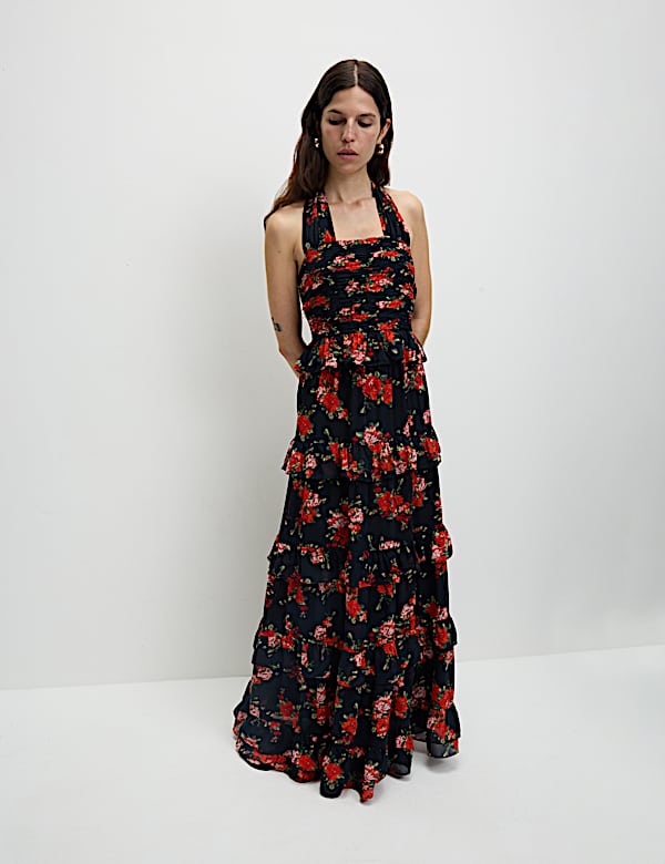 Floral Halterneck Maxi Tiered Dress - RO