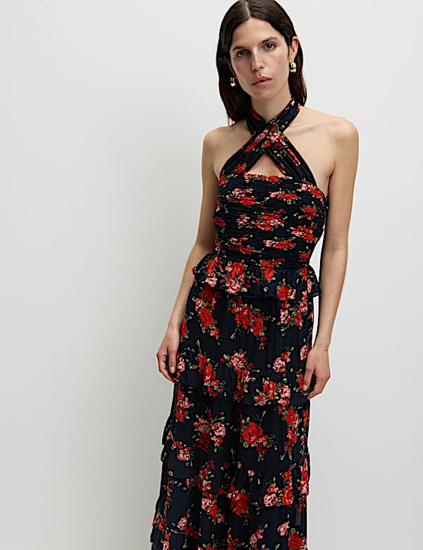 Floral Halterneck Maxi Tiered Dress - RO