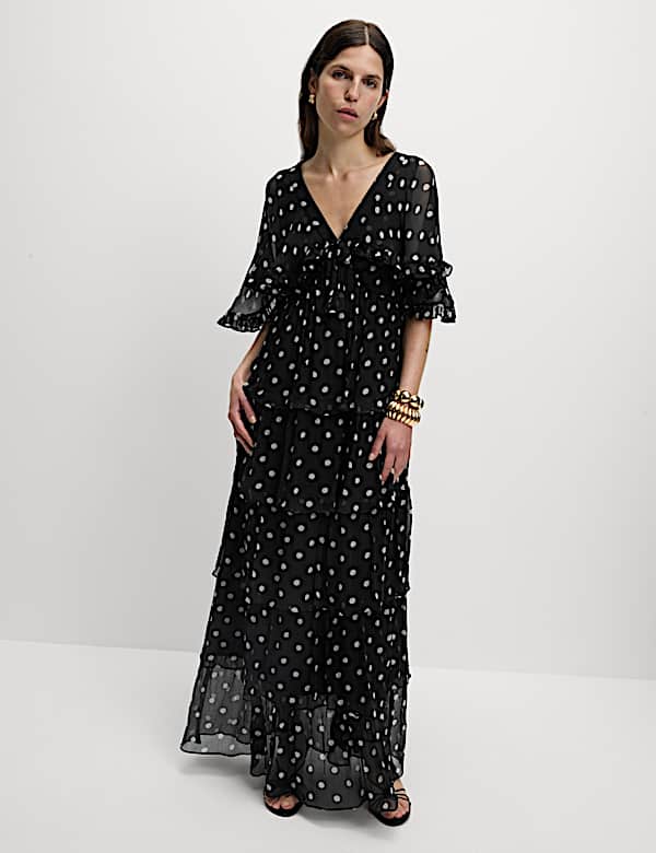 Polka Dot V-Neck Frill Detail Maxi Dress - JE