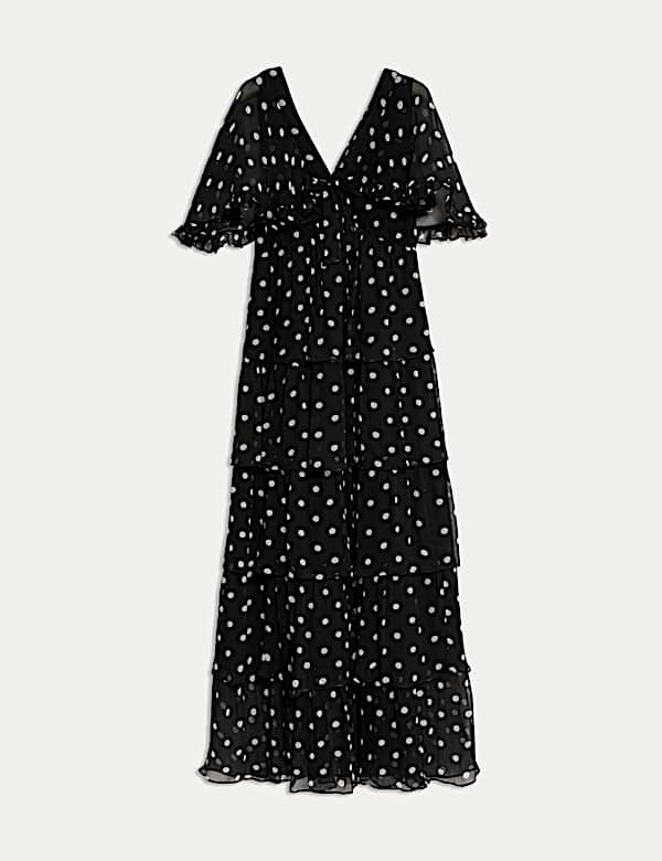 Polka Dot V-Neck Frill Detail Maxi Dress - JE