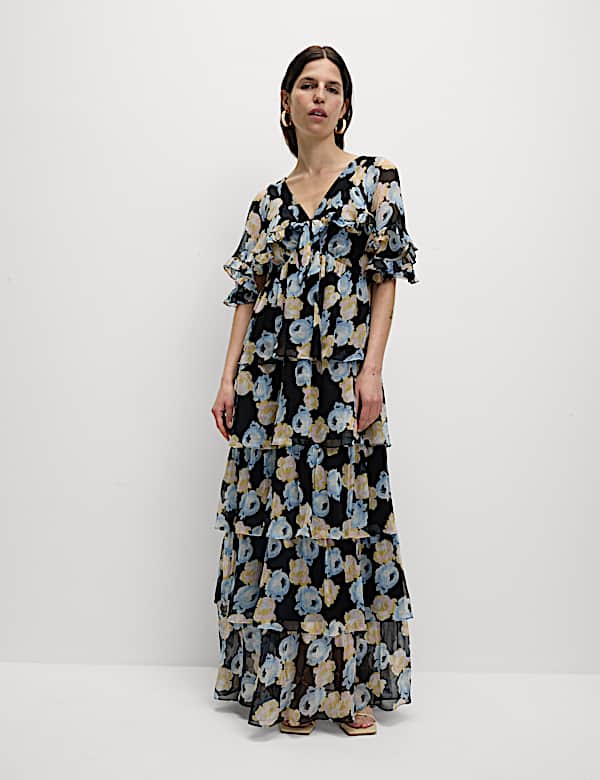 Polka Dot V-Neck Frill Detail Maxi Dress - US