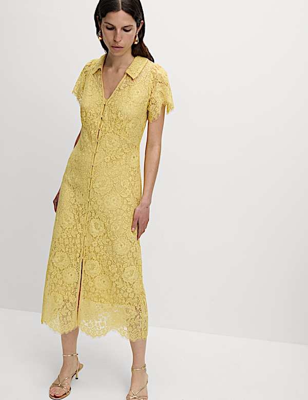 שמלת תה מידי עם כפתורים לכל האורך, כותנה ותחרה - IL