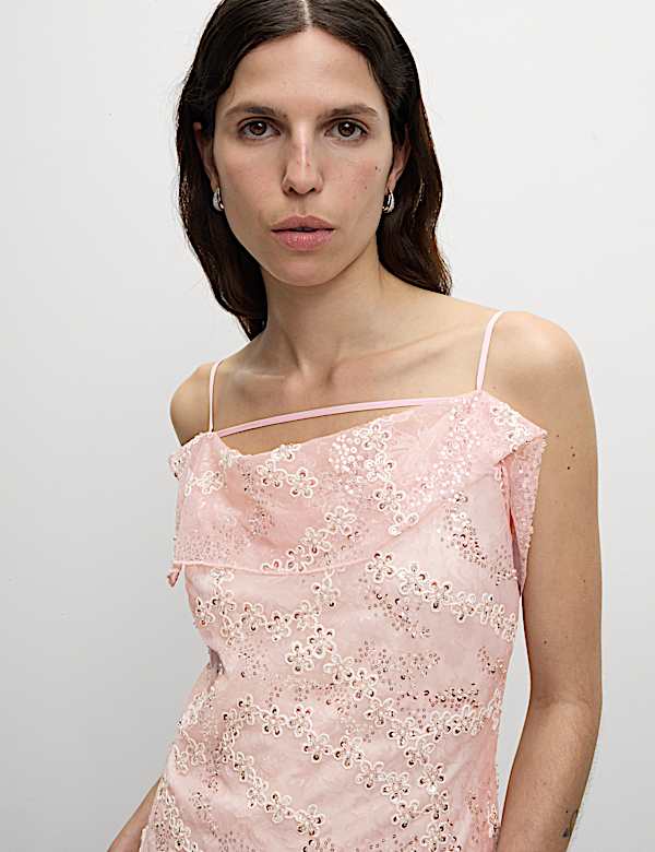 Embellished Lace Frill Midaxi Column Dress - ID