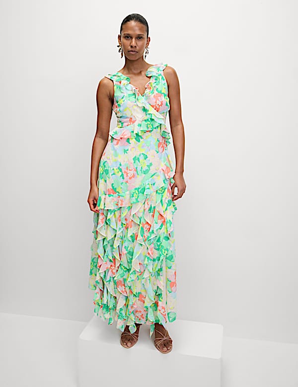 Floral Ruffle Maxi Wrap Dress - BE