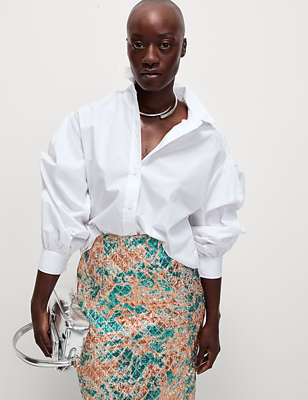 Doorgestikte metallic midaxi-kokerrok - NL