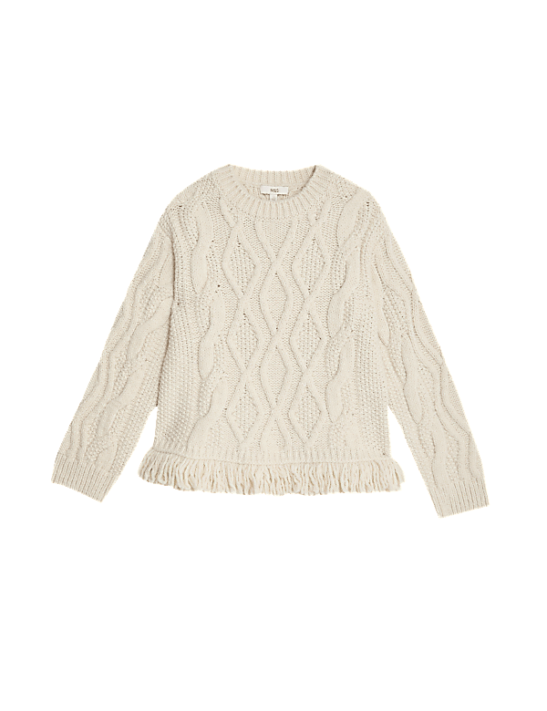 Crew Neck Cable Knit Fringe Jumper