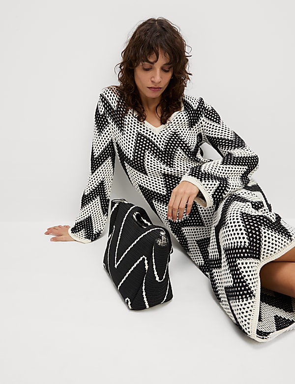 Robe midi en maille de coton m&eacute;lang&eacute; &agrave; col en V - FR