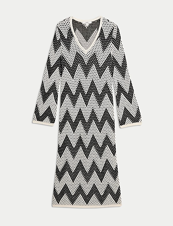 Robe midi en maille de coton m&eacute;lang&eacute; &agrave; col en V - FR