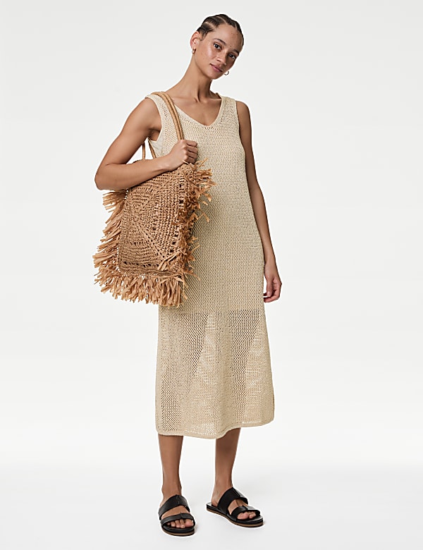Cotton Rich Knitted V-Neck Midi Dress - CN