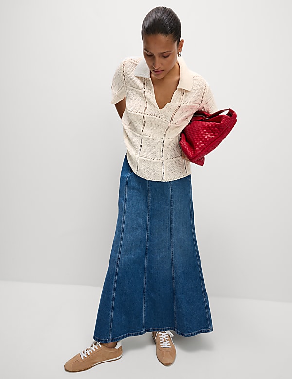 Cotton Blend Openstitch Collared Knitted Top