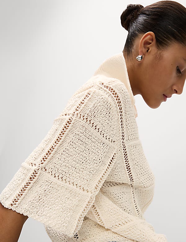 Cotton Blend Openstitch Collared Knitted Top