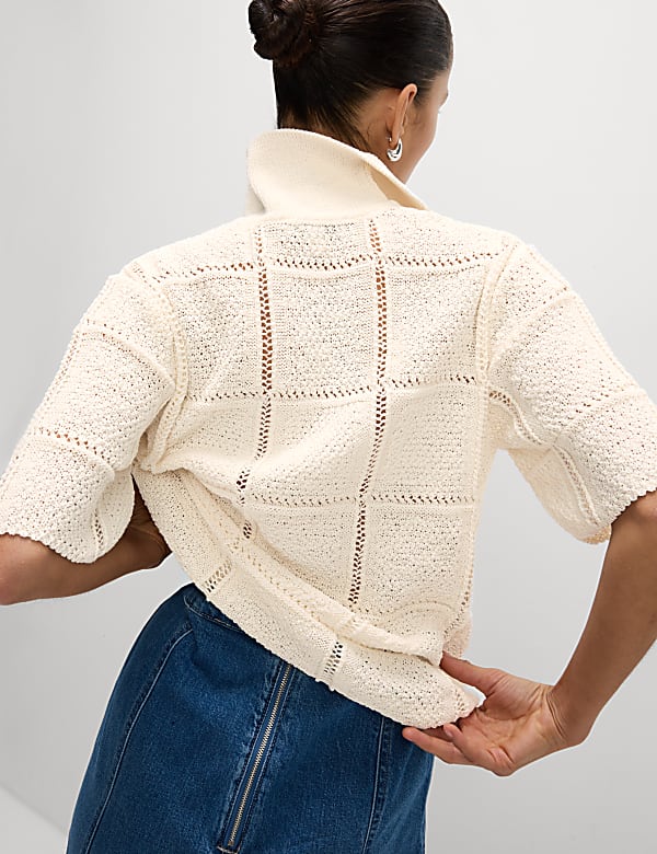 Cotton Blend Openstitch Collared Knitted Top
