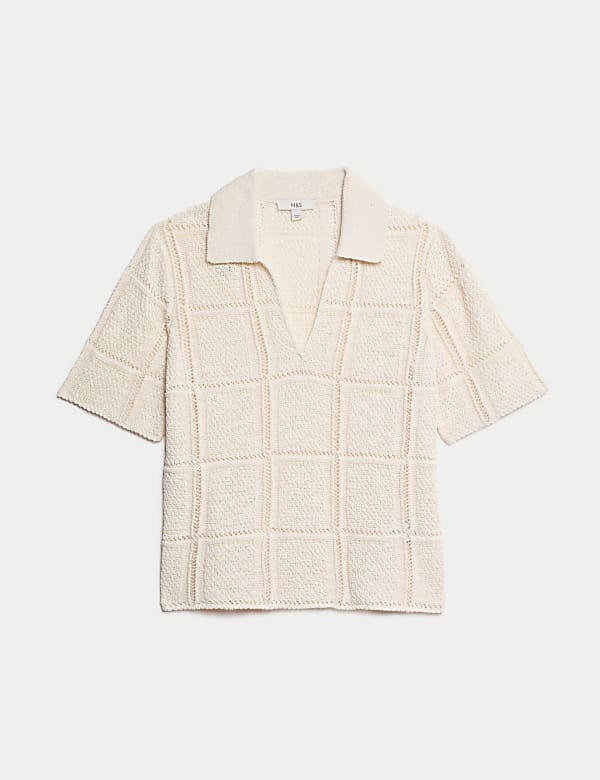 Ażurowy top dzianinowy z kołnierzem z mieszanki bawełny - PL