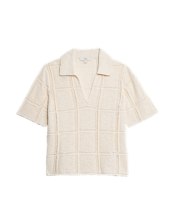 Cotton Blend Openstitch Collared Knitted Top
