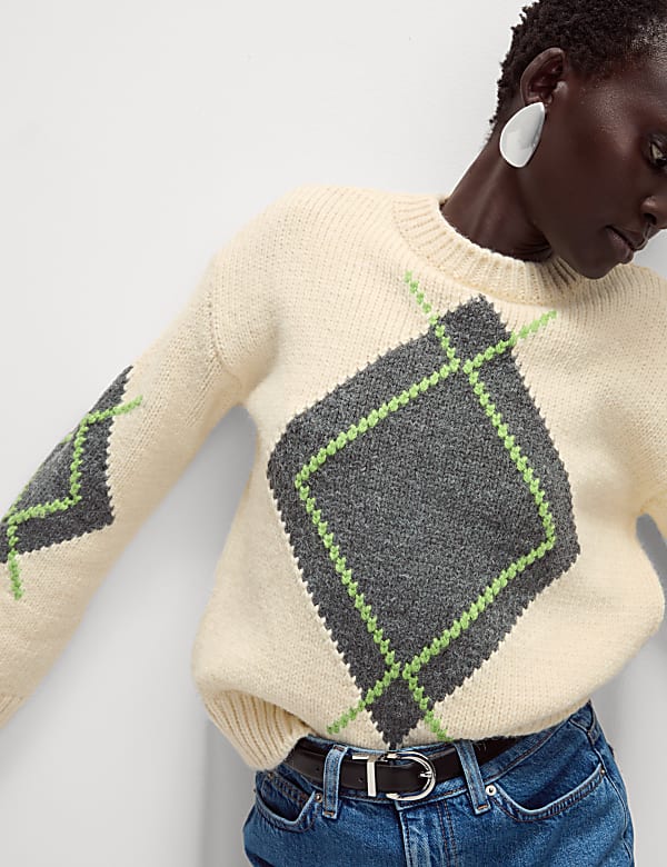 Ribbed Argyle Crew Neck Jumper - US