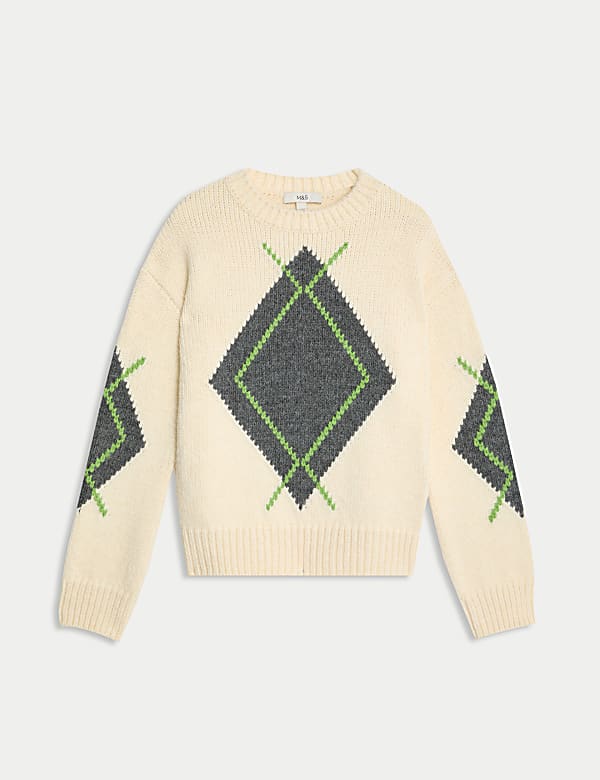 Ribbed Argyle Crew Neck Jumper - US