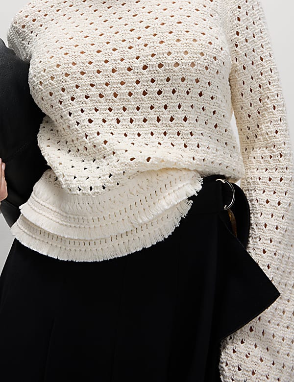 Cotton Blend Textured Crew Neck Fringe Jumper - ID