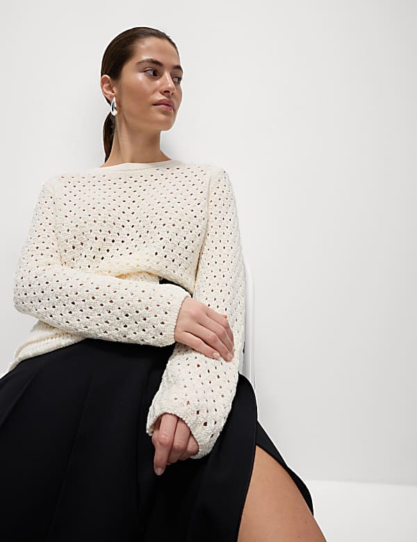 Cotton Blend Textured Crew Neck Fringe Jumper - ID