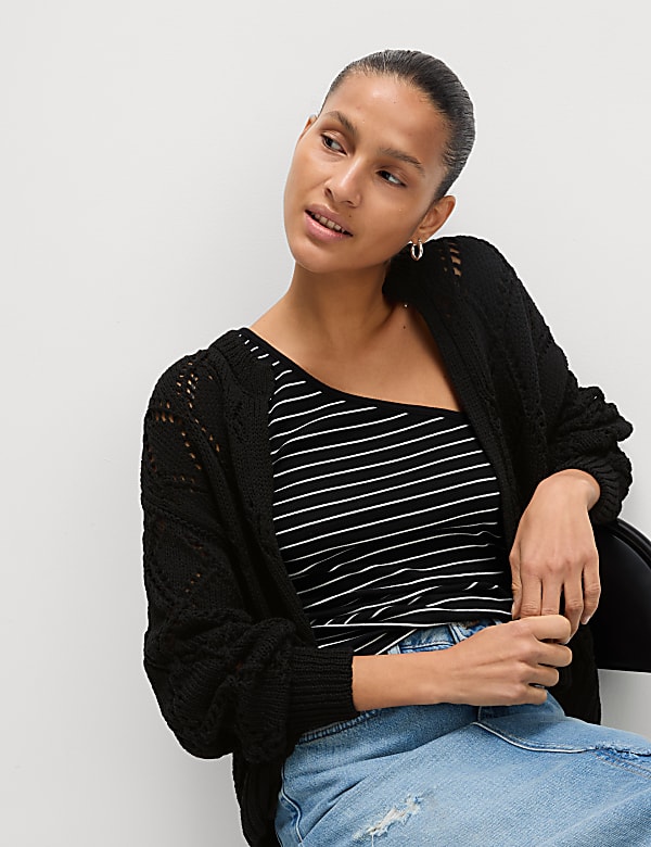 Cotton Blend Open Stitch Cropped Cardigan - ID